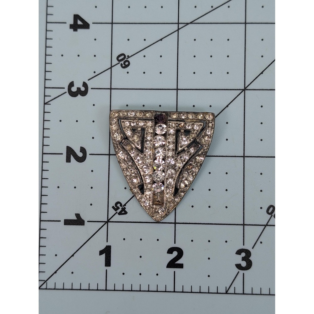 Vintage Art Deco Dress Clip Silver Tone Clear Rhinestone Triangular Shield